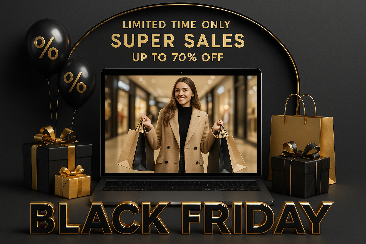Luxury-themed Black Friday shopping display ad with gold and black details