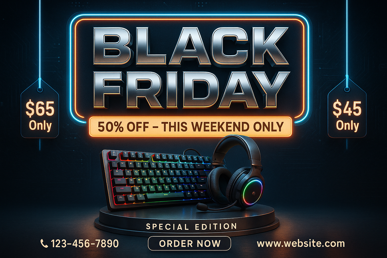 Black Friday gaming tech sale ad with neon and metallic 3D design