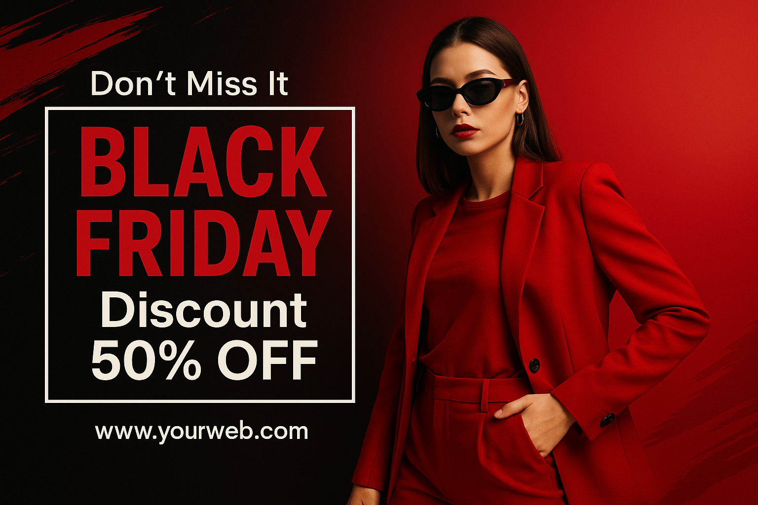 Bold fashion-themed Black Friday ad with model and red accents