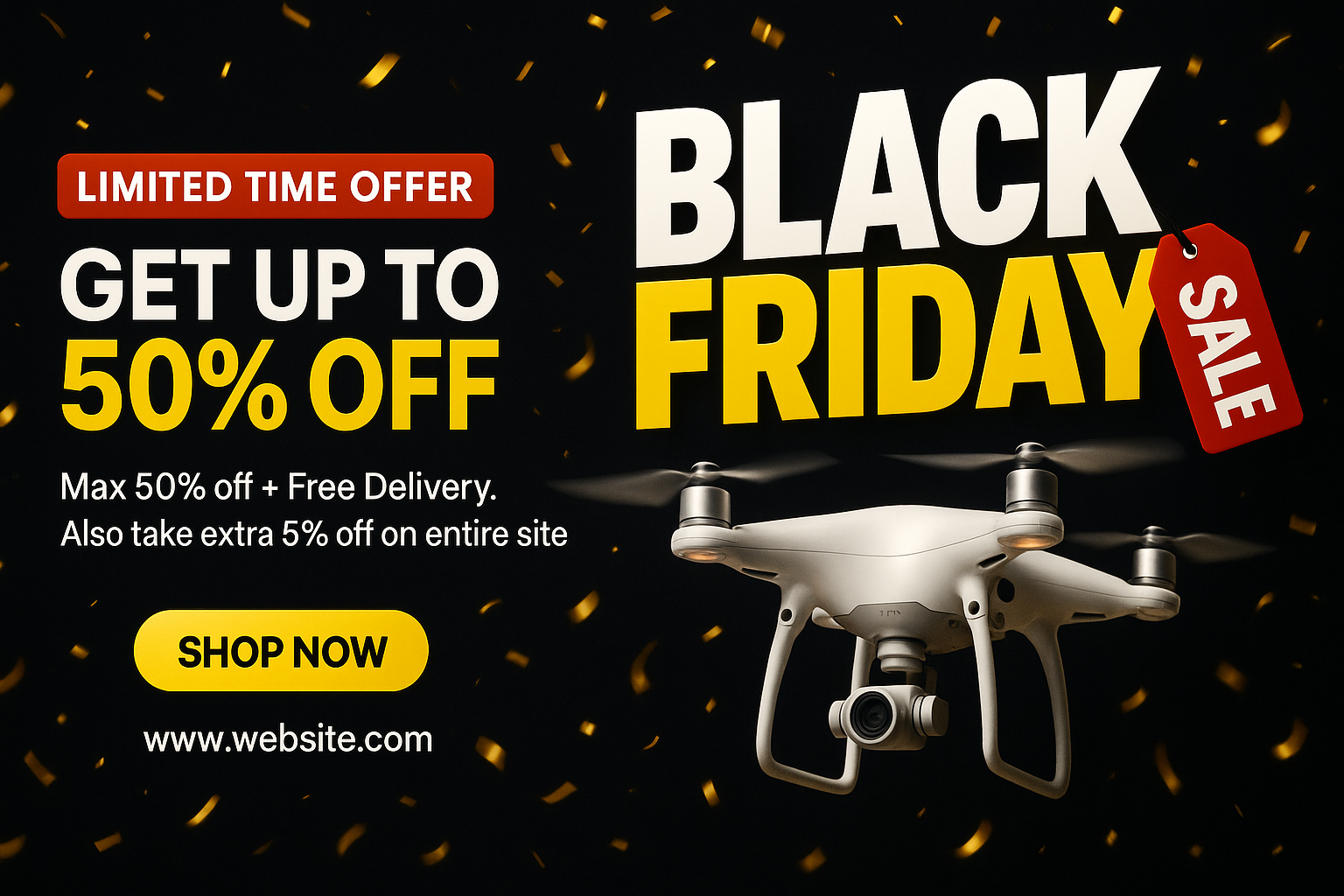 Modern festive Black Friday drone sale ad with confetti and bold typography