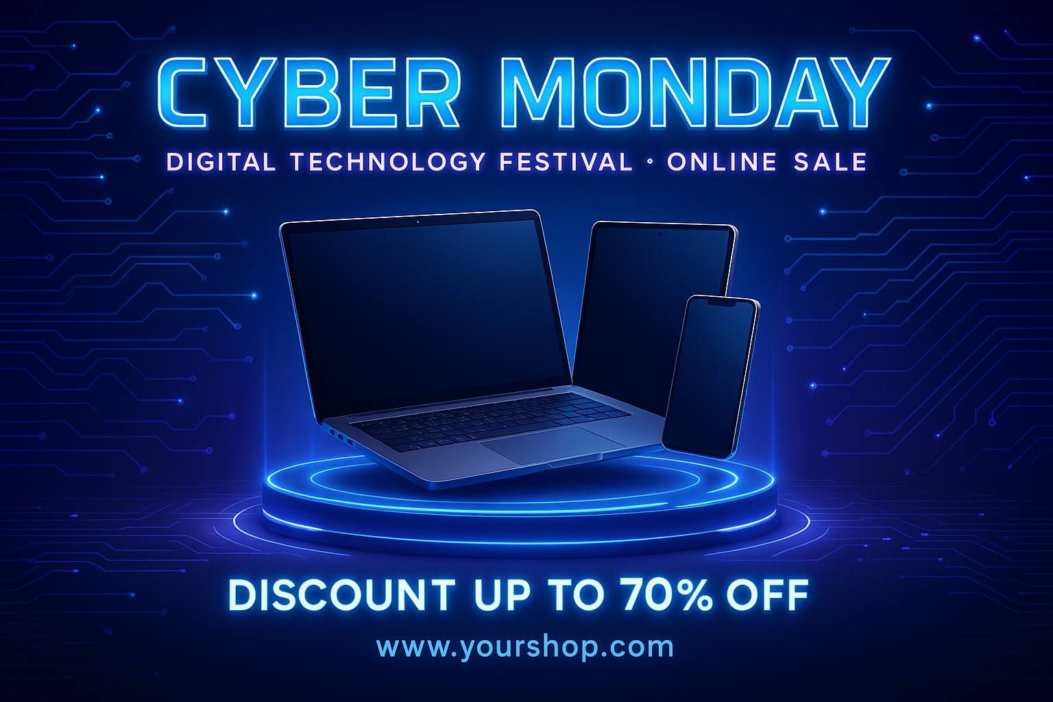Futuristic Cyber Monday ad with glowing laptop, tablet, and smartphone on neon podium