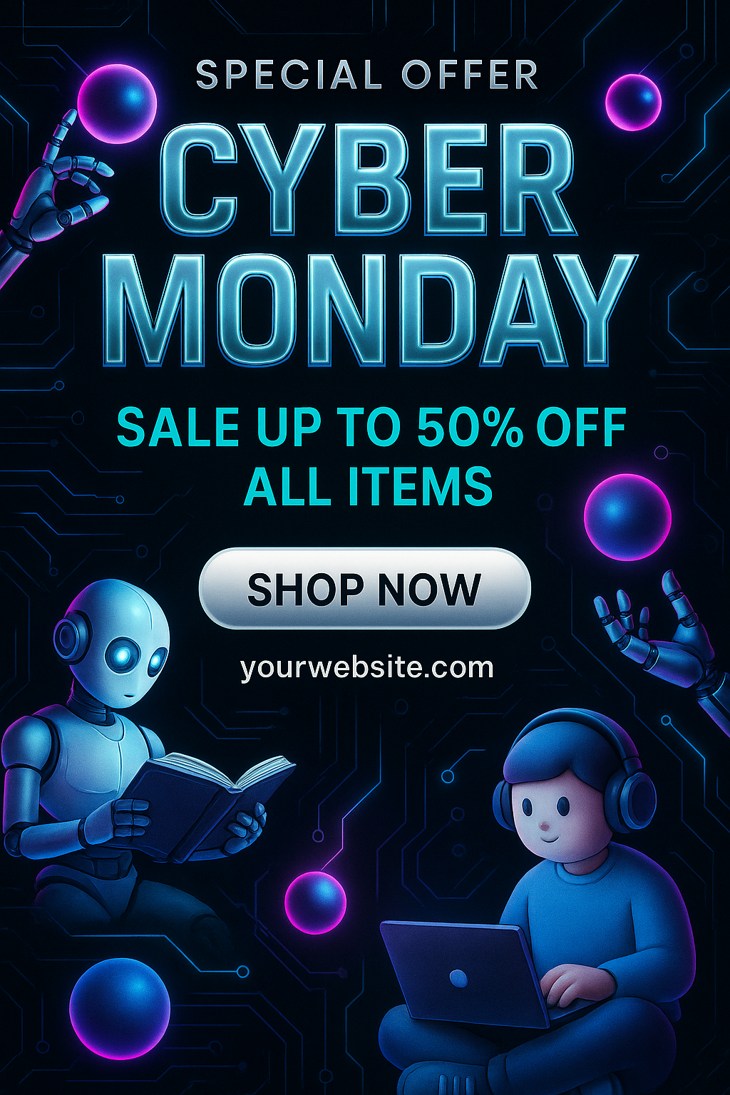 High-tech Cyber Monday ad with robotic hands, neon circuits, and digital sale button