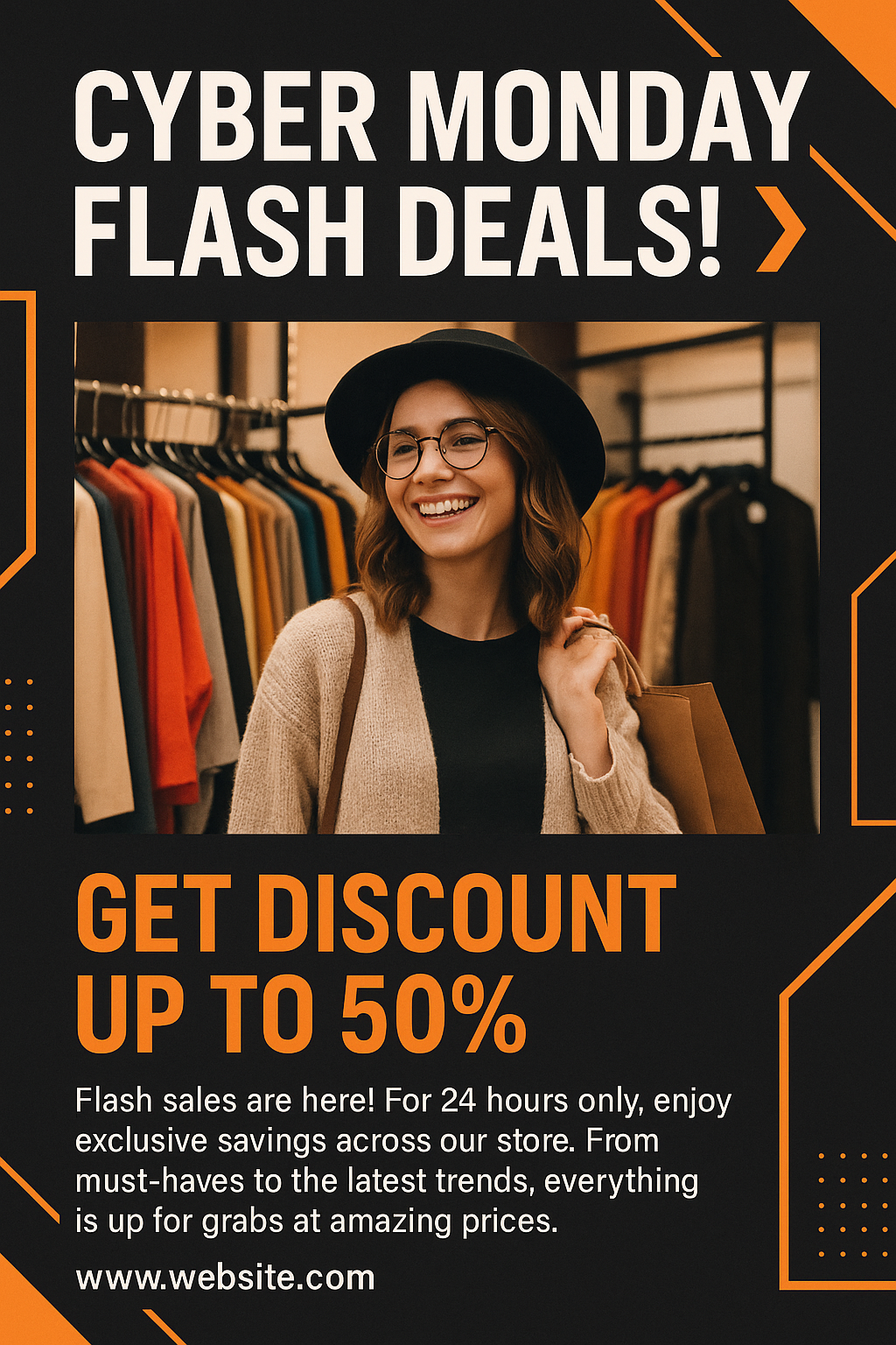Cyber Monday retail poster with woman shopping and geometric orange-white layout
