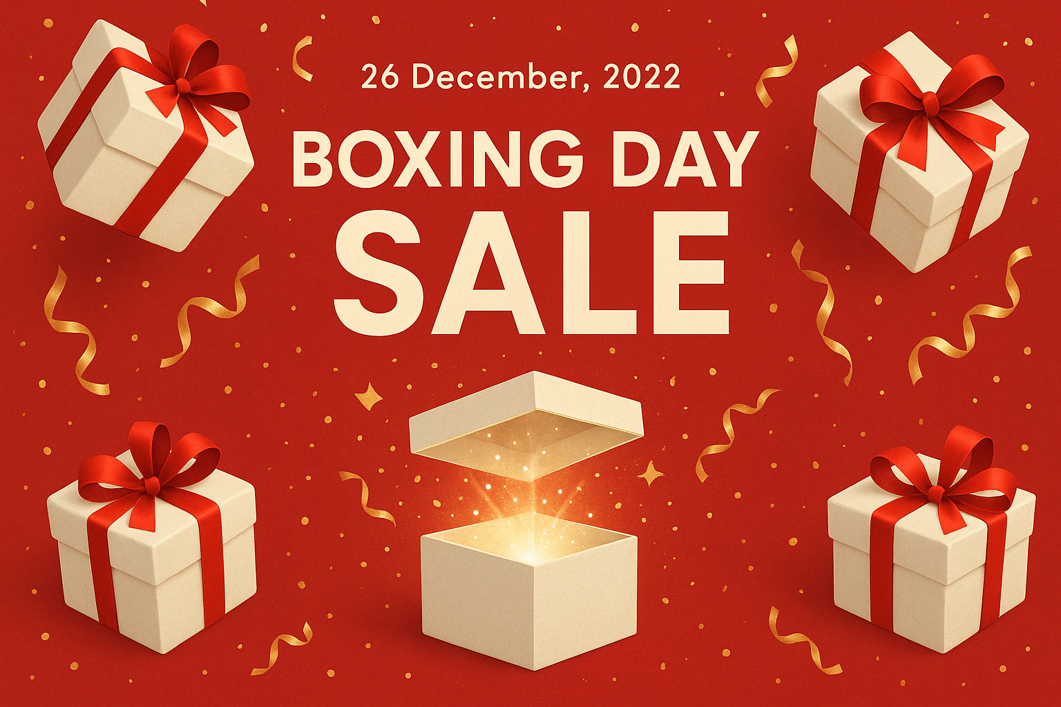 Boxing Day sale card with red background, golden confetti, gift boxes, and festive elements
