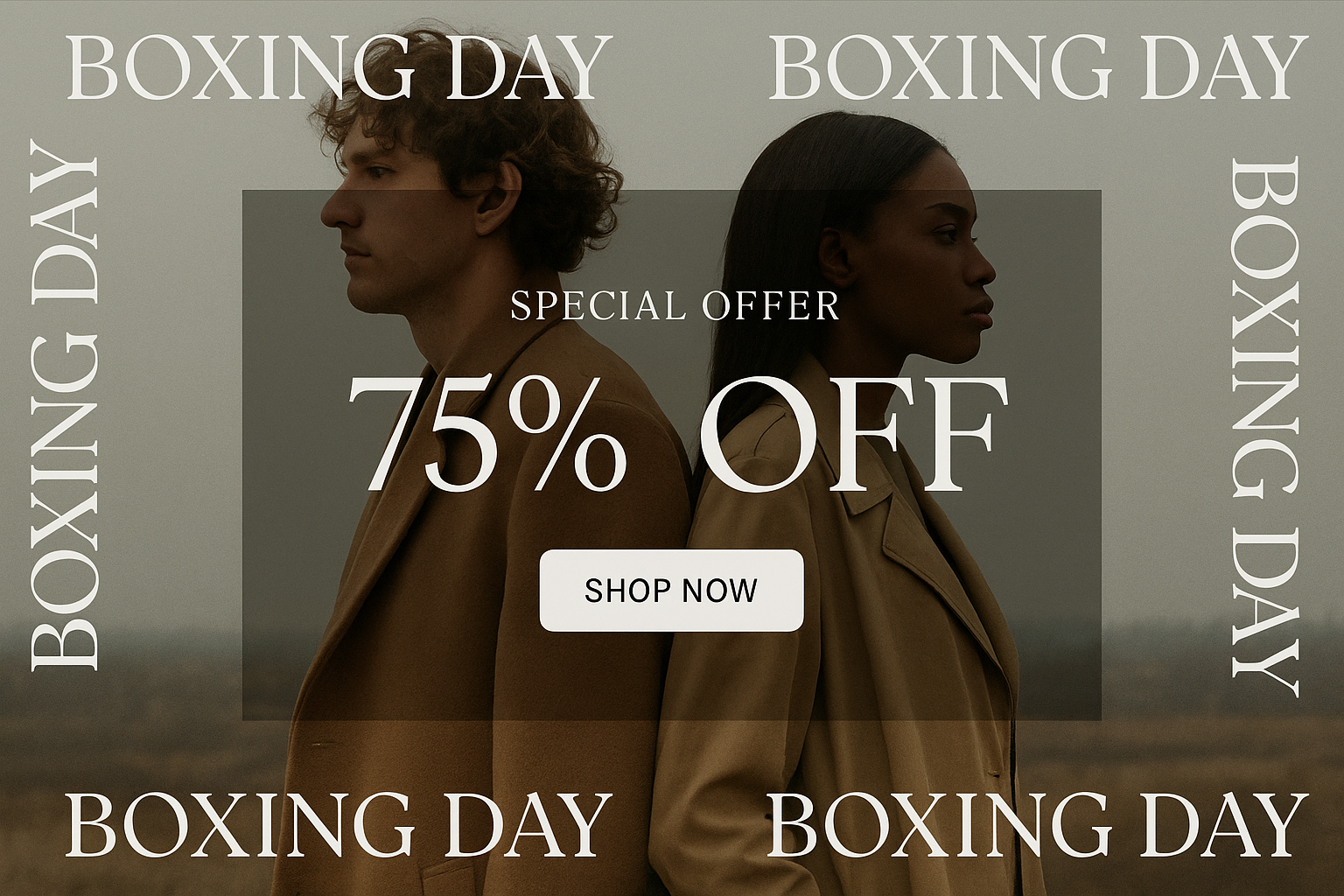 Editorial-style Boxing Day card with fashion photo, bold sale text, and decorative serif border