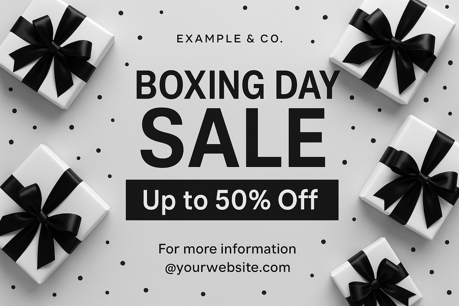 Modern Boxing Day card with gray background, 3D gift boxes, bold typography, and promotional banner