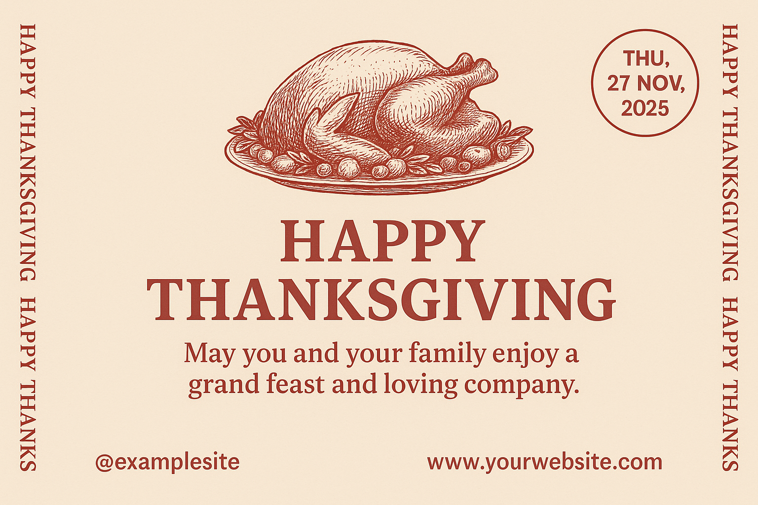 Minimal warm beige Thanksgiving ad with vintage turkey illustration and red text layout