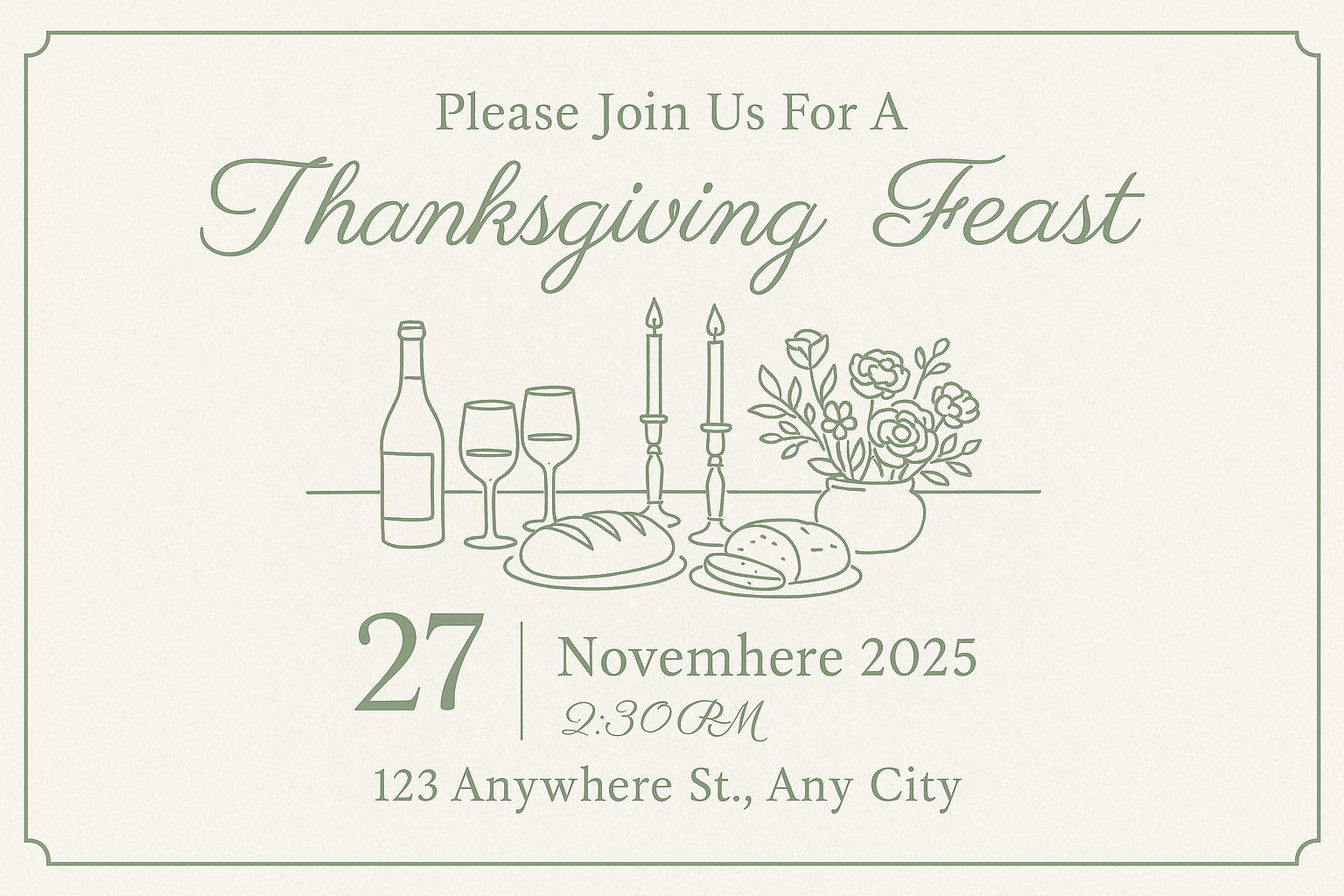 Elegant cream Thanksgiving invitation with green line art and refined typography