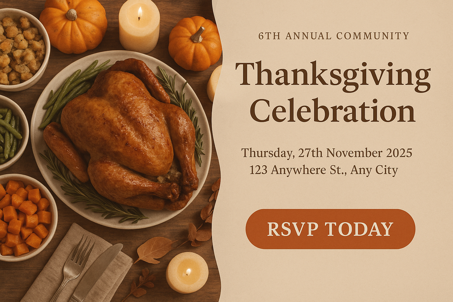 Community Thanksgiving event ad with split layout and cozy feast photo collage