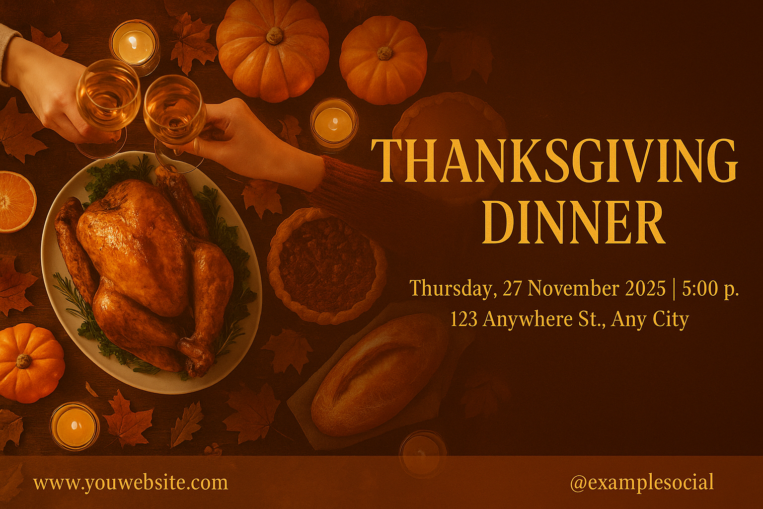 Warm elegant Thanksgiving dinner ad with overhead feast and glowing golden text