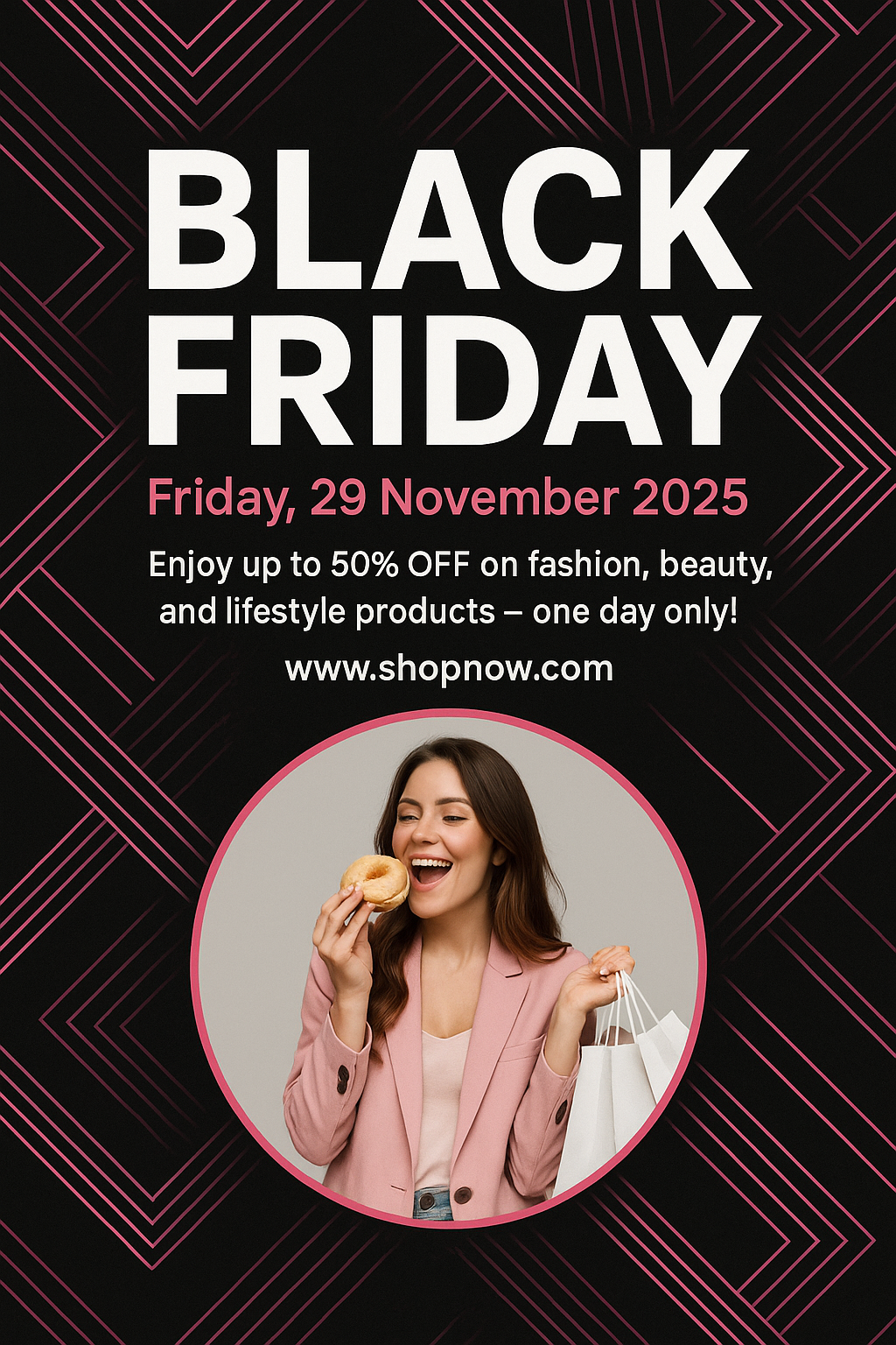 Modern pink-black Black Friday flyer with abstract lines and cheerful shopper image