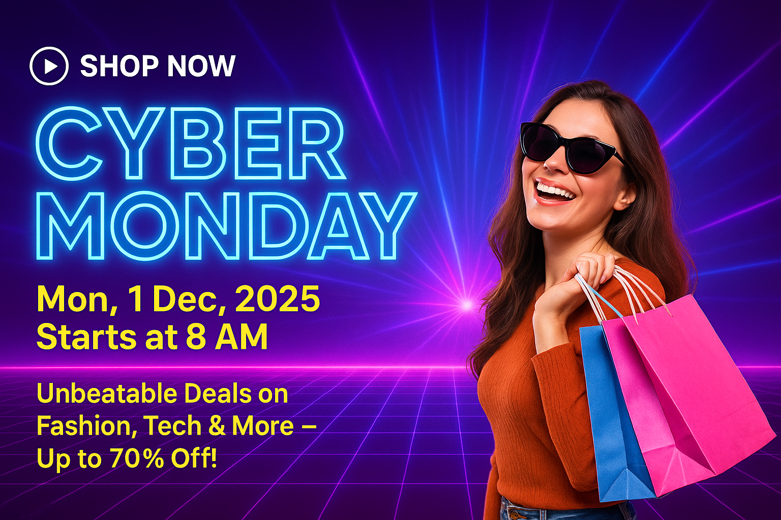 Vibrant Cyber Monday ad with neon text, glowing grid, and woman holding shopping bags