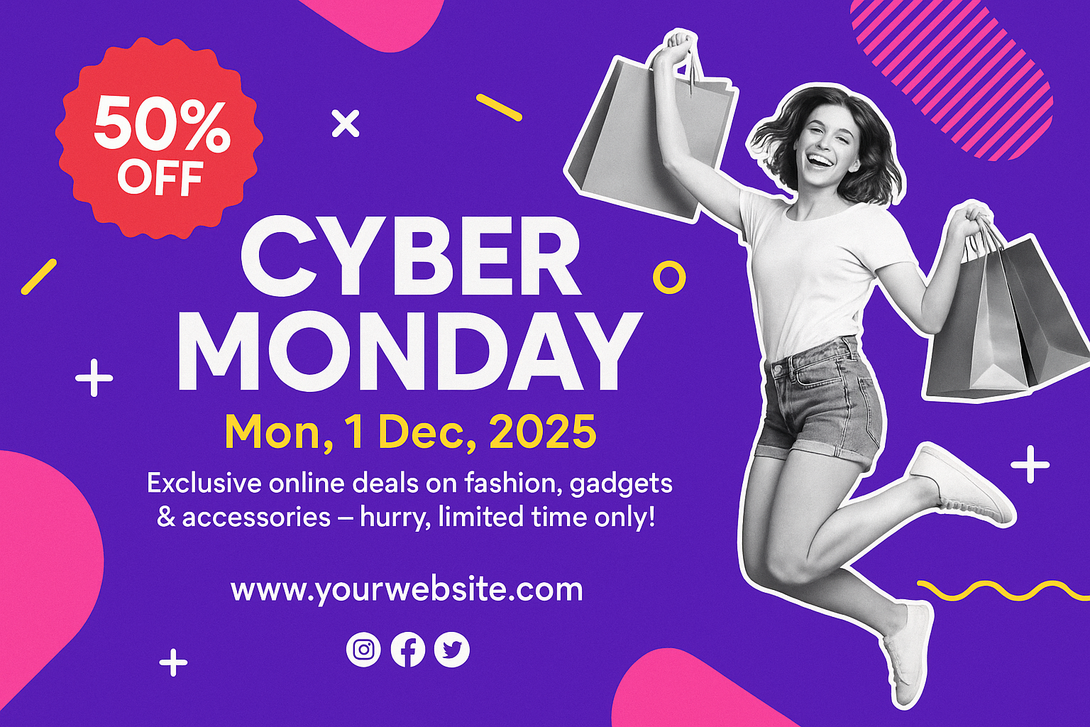 Energetic Cyber Monday ad with 50% off badge and shopper holding bags