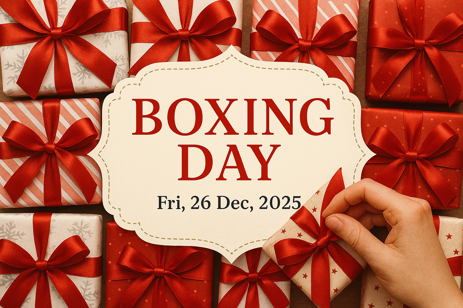 Festive Boxing Day card with gift boxes, ornate label, bold serif text, and hand tying ribbon