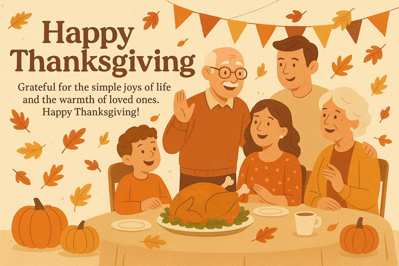 Cartoon-style Thanksgiving family gathering with festive dinner and cheerful atmosphere