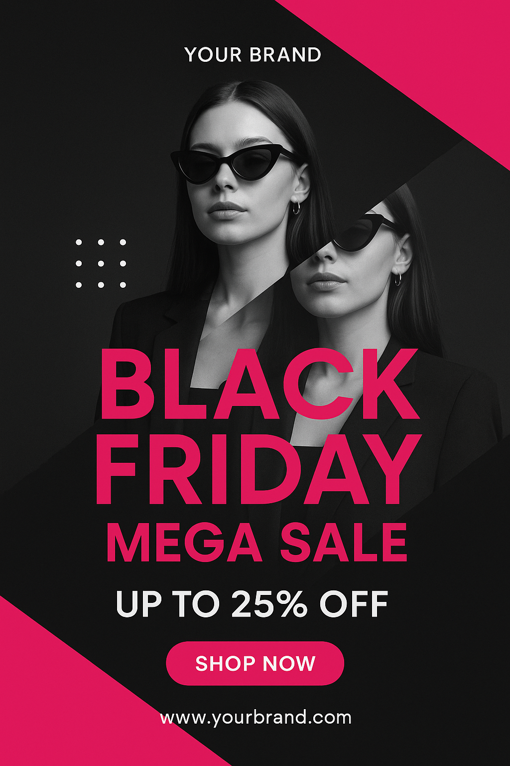 Minimal modern Black Friday flyer with grayscale model, pink text, and geometric accents