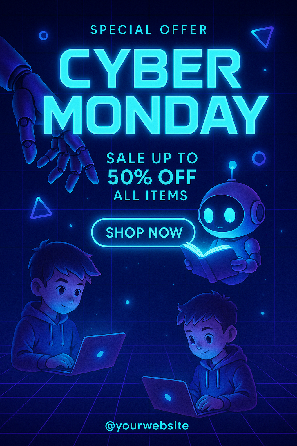 Futuristic Cyber Monday sale poster with robotic hand, neon lights, and glowing offer button