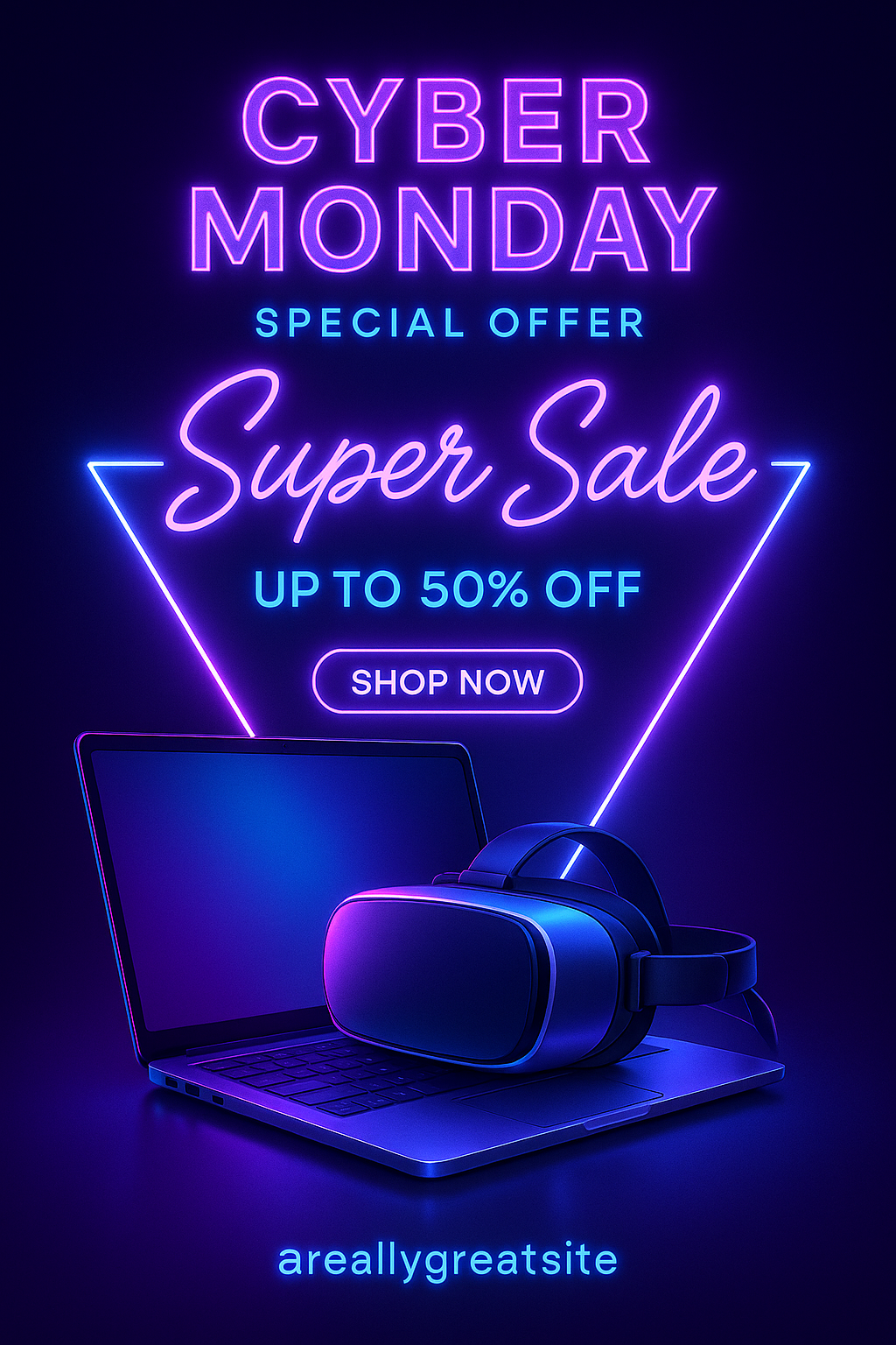 Cyber Monday neon poster with laptop, VR headset, and glowing triangle frame