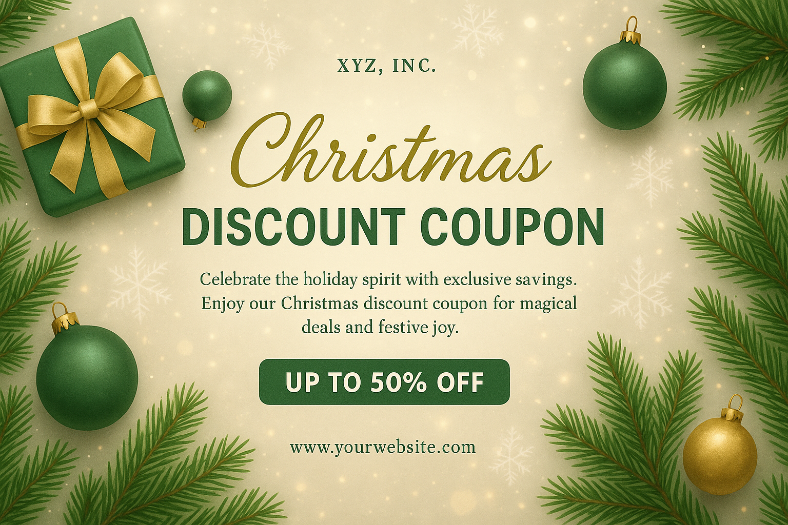 Christmas discount coupon with green and gold festive design, 50% off
