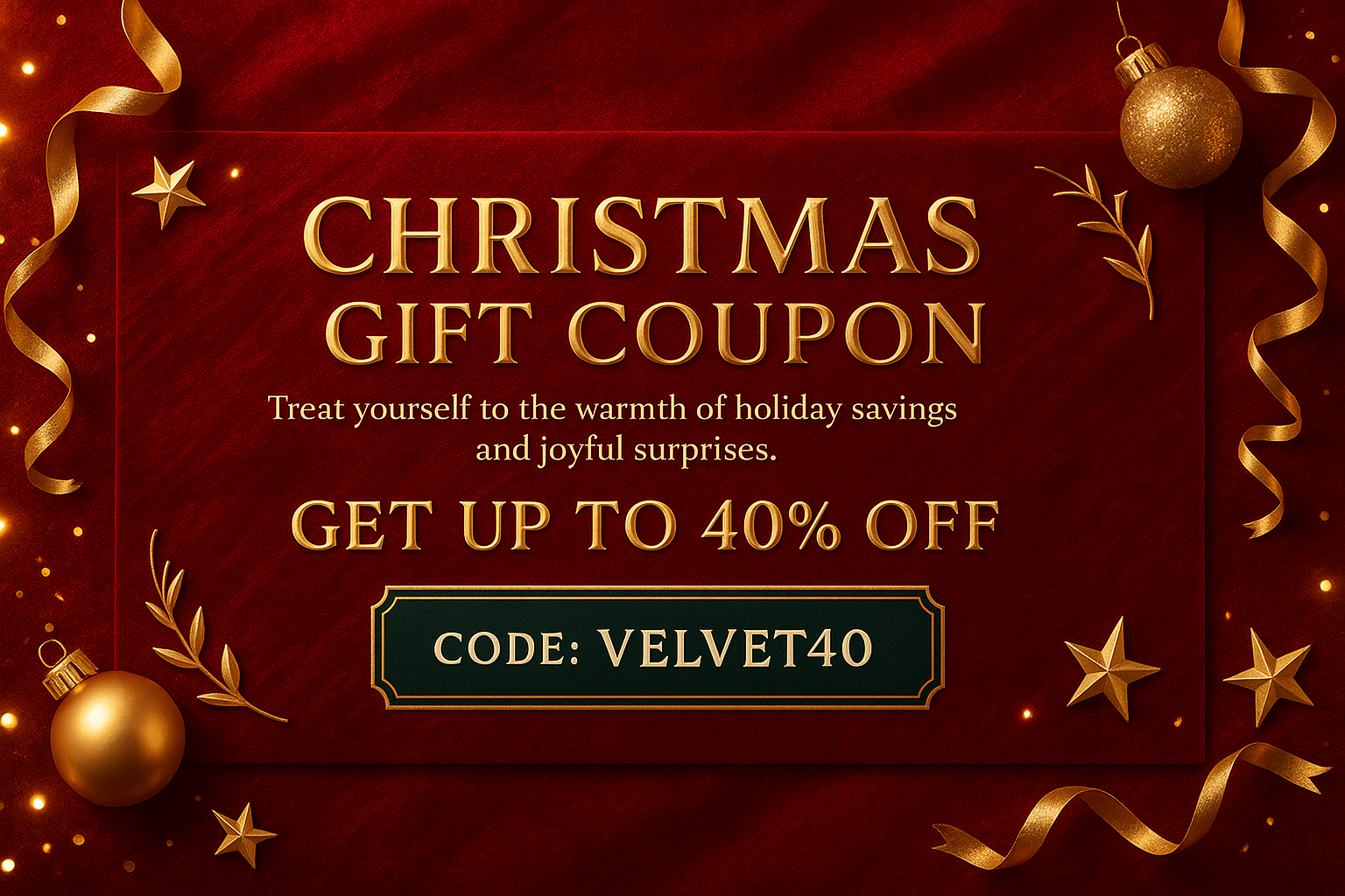 Christmas gift coupon with red velvet background, gold accents, 40% off