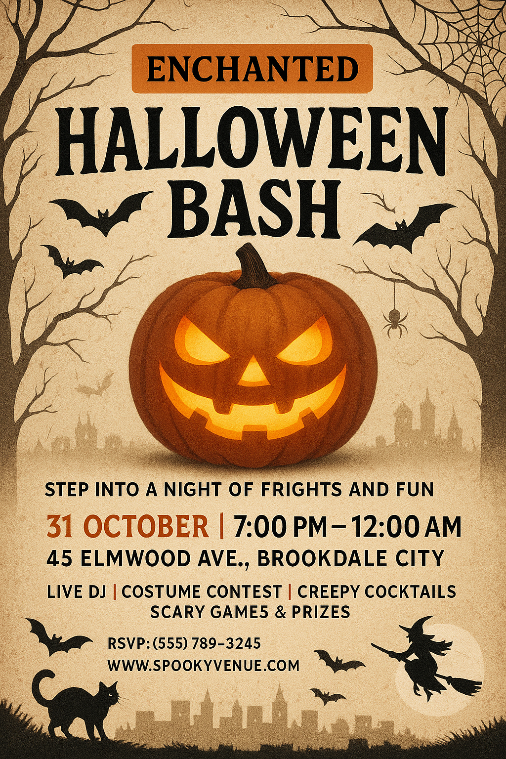 Enchanted Halloween Bash flyer with glowing pumpkin and spooky decorations