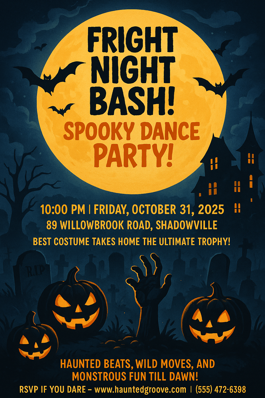 Fright Night Bash Halloween dance party flyer with graveyard and full moon