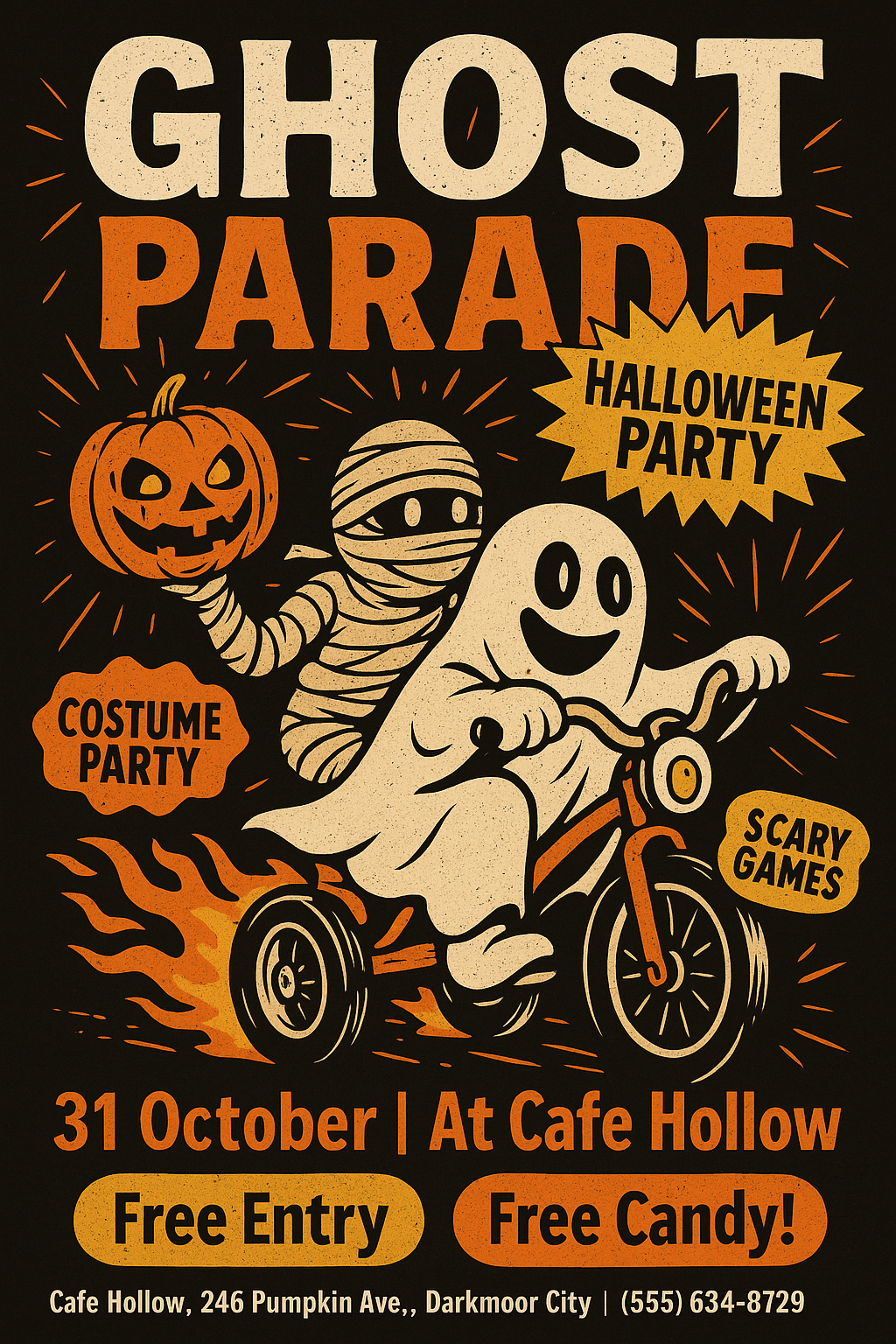Ghost Parade Halloween comic-style flyer with ghost and mummy on tricycle