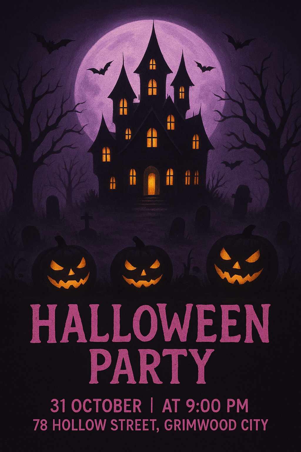 Haunted house Halloween flyer with purple moon and spooky pumpkins