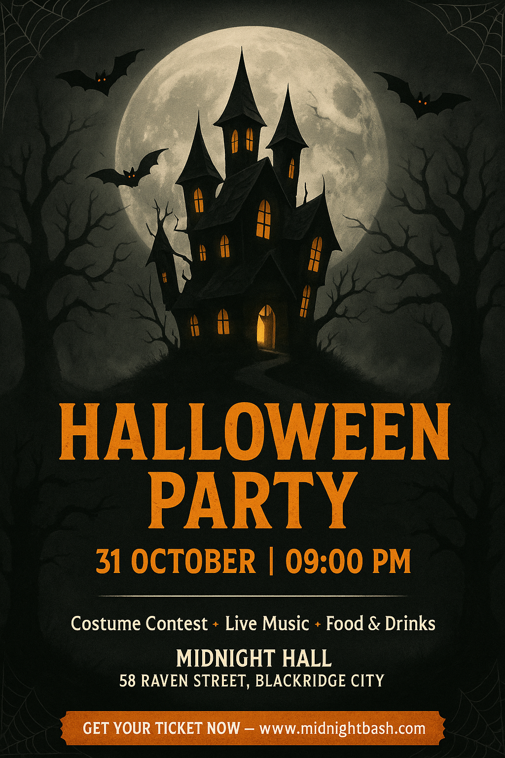 Crooked haunted house Halloween party flyer with bats and fog