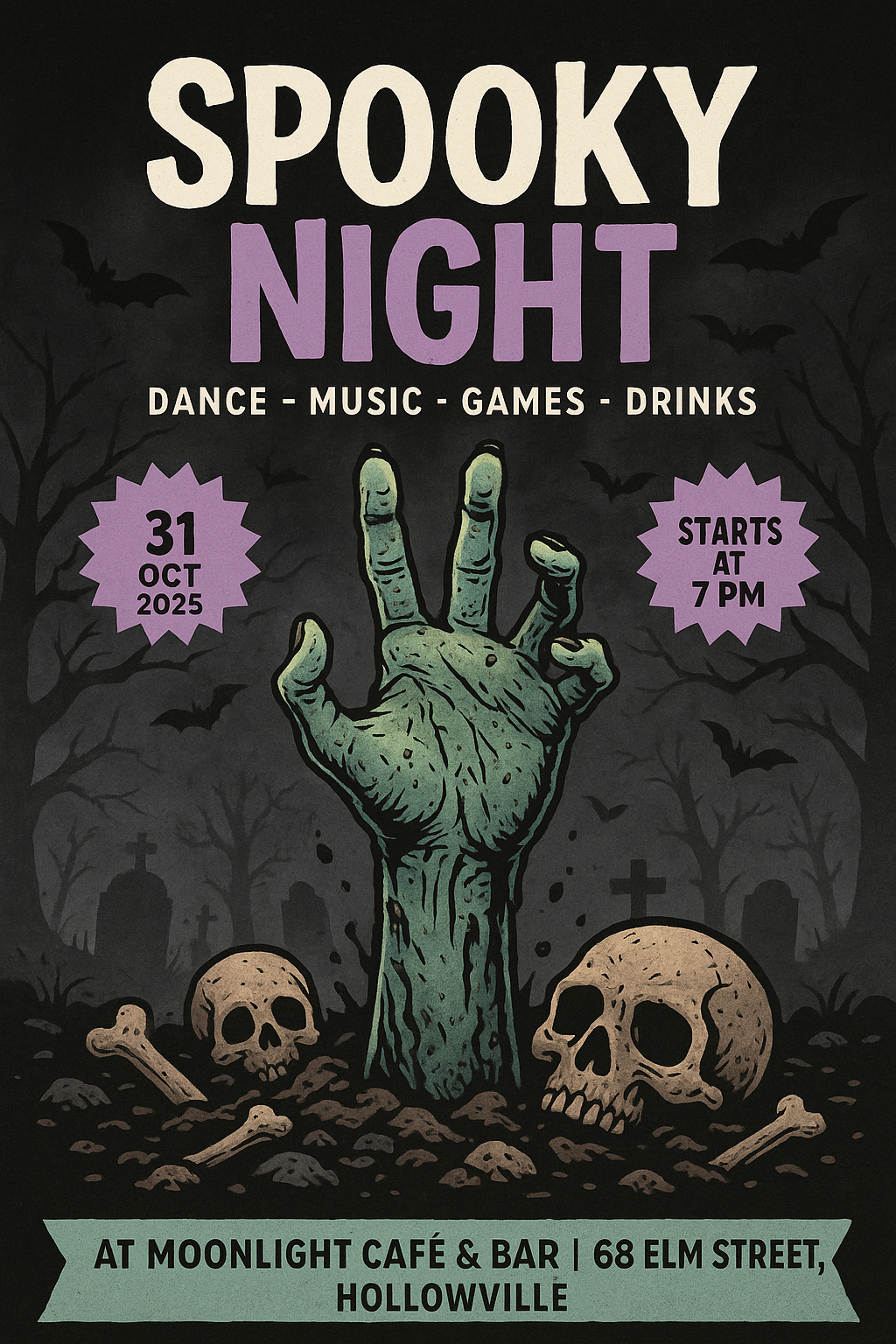 Spooky Night zombie hand Halloween flyer with graveyard theme