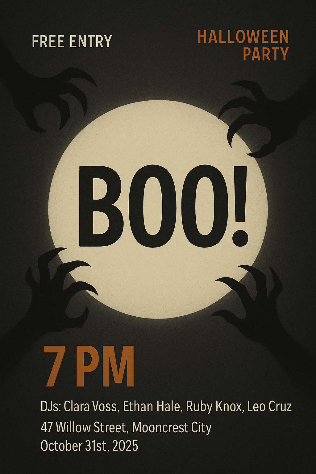 Minimalist BOO Halloween party flyer with spotlight and monster claws