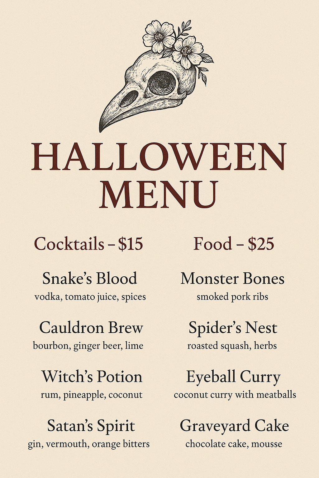 Minimalist Halloween menu with crow skull and gothic layout
