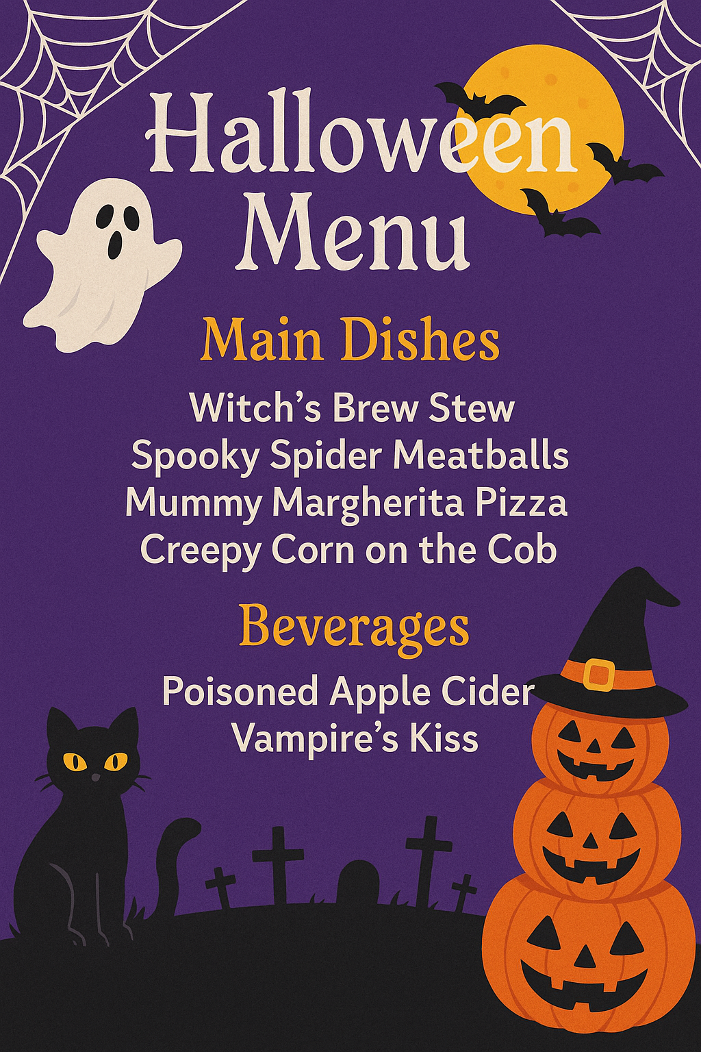 Purple cute Halloween menu with ghost and moon