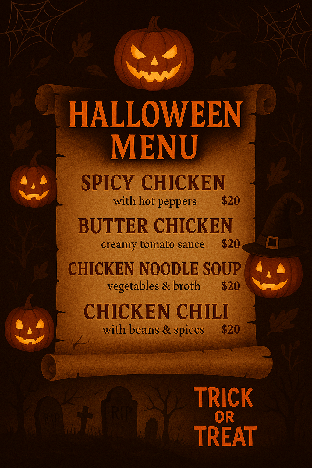 Halloween parchment menu with pumpkins and graveyard