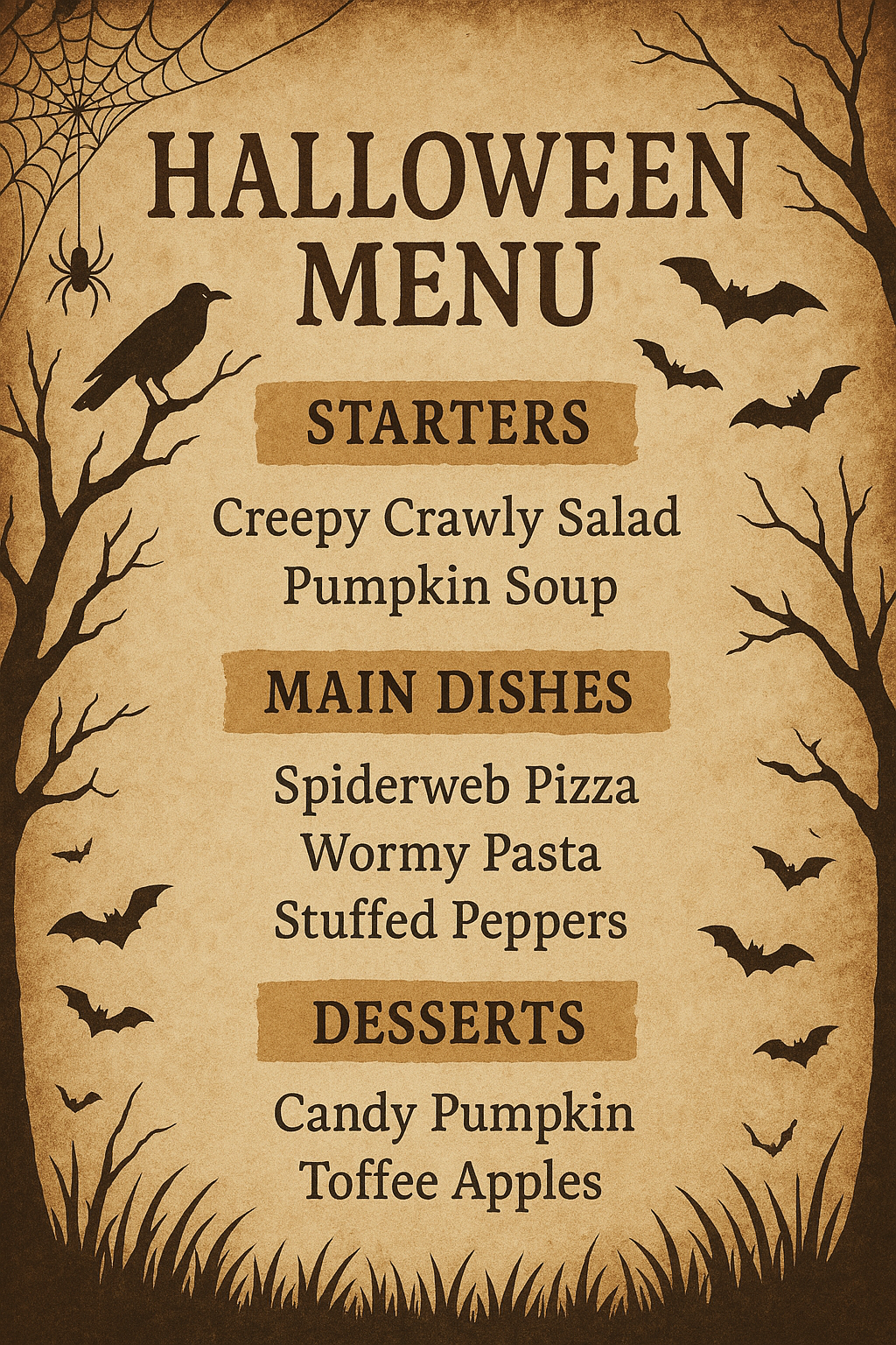 Rustic parchment Halloween menu with crows and webs
