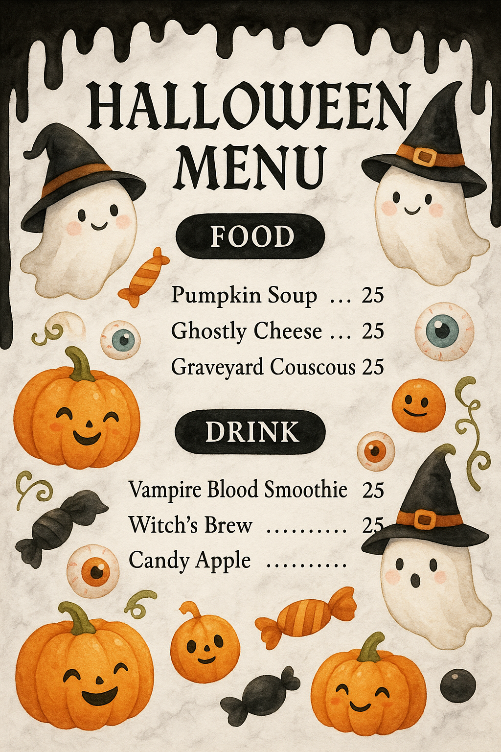 Cute watercolor Halloween menu with ghosts and pumpkins
