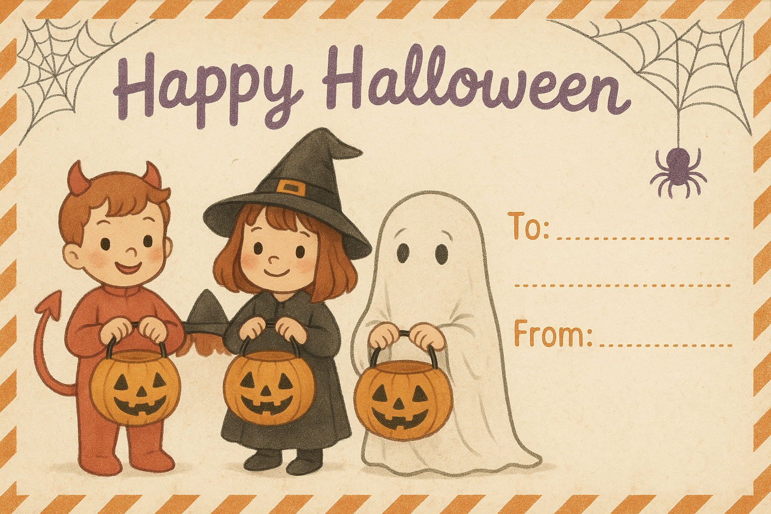Vintage Happy Halloween postcard with children in costumes, spider webs, purple spider, and dotted To/From lines