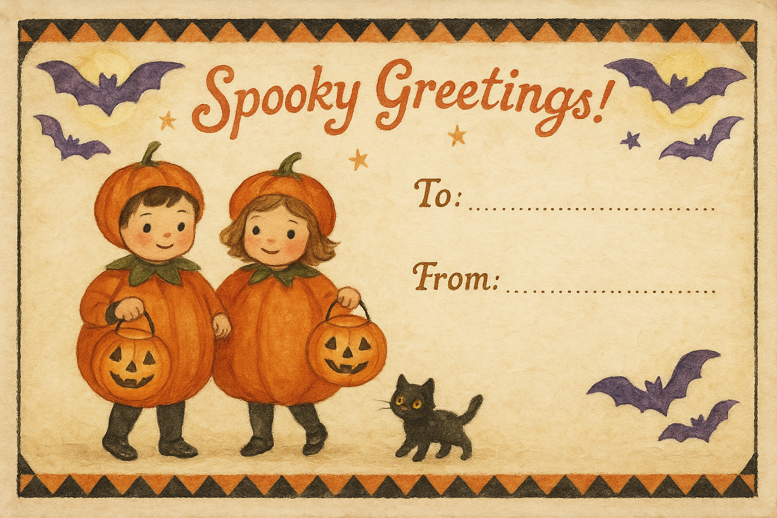 Spooky Greetings vintage postcard with pumpkin-costumed kids, purple bats, zigzag border, and To/From fields