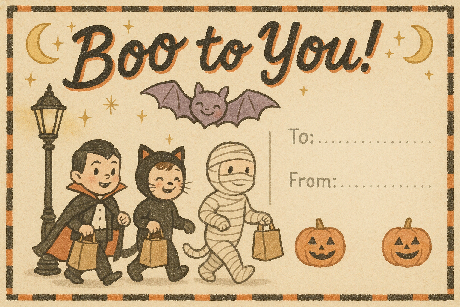 Retro Boo to You postcard with children in costumes, purple bat, antique-paper look, and To/From fields