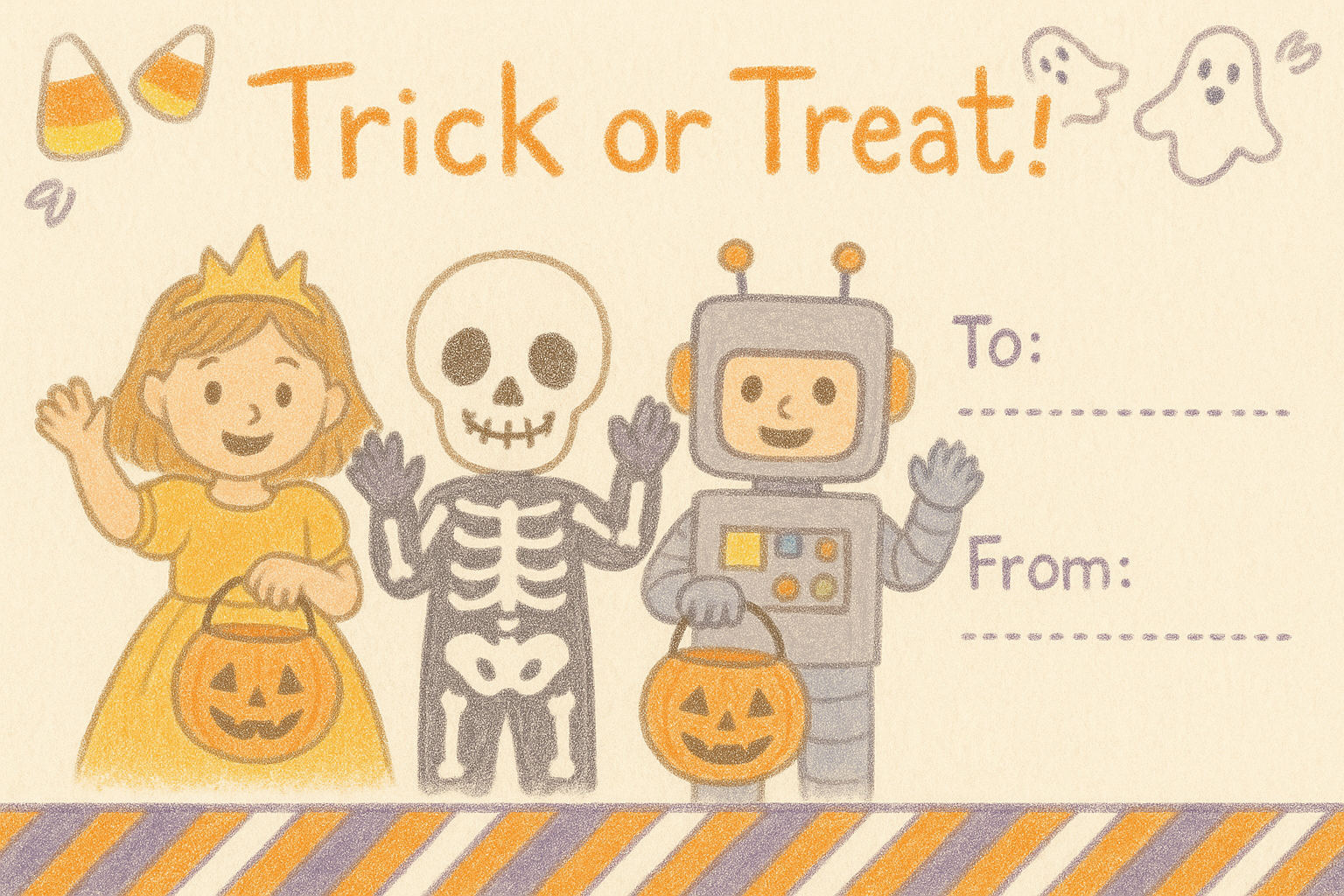 Trick or Treat postcard with princess, skeleton, and robot kids, candy-corn corners, candy-stripe border, and To/From lines