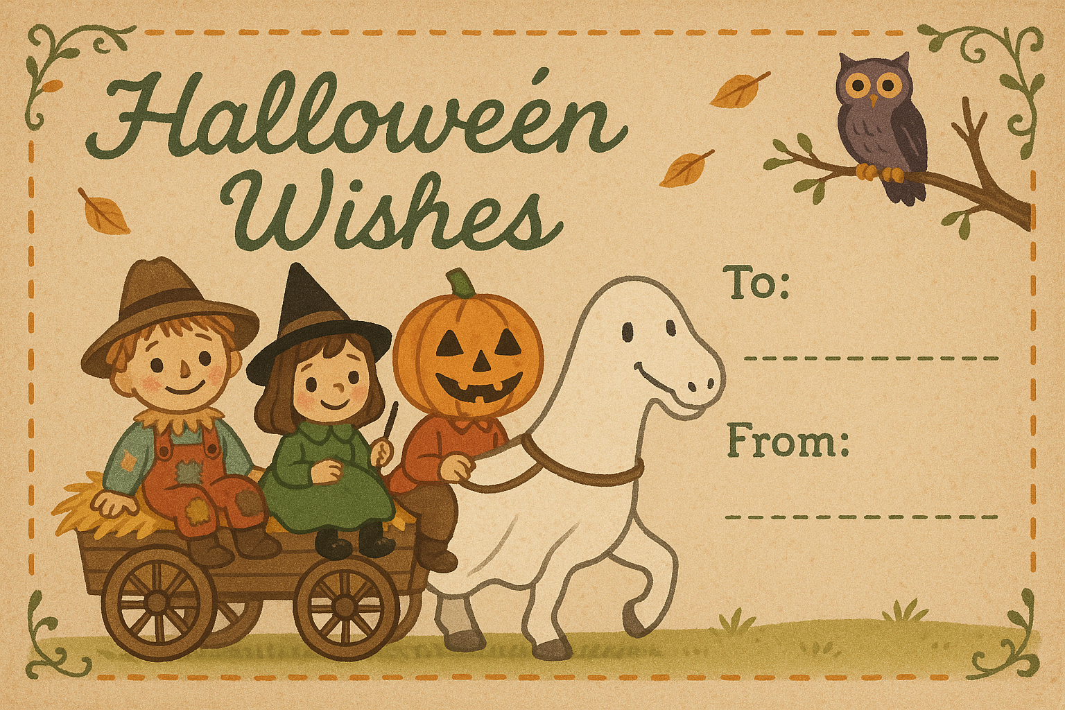Country Halloween Wishes postcard with hay wagon children, ghost-horse, vine corners, and To/From dashed lines