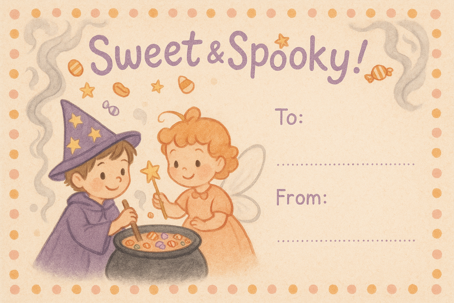 Sweet & Spooky retro postcard with cauldron, wizard and fairy kids, pastel dotted border, and To/From fields