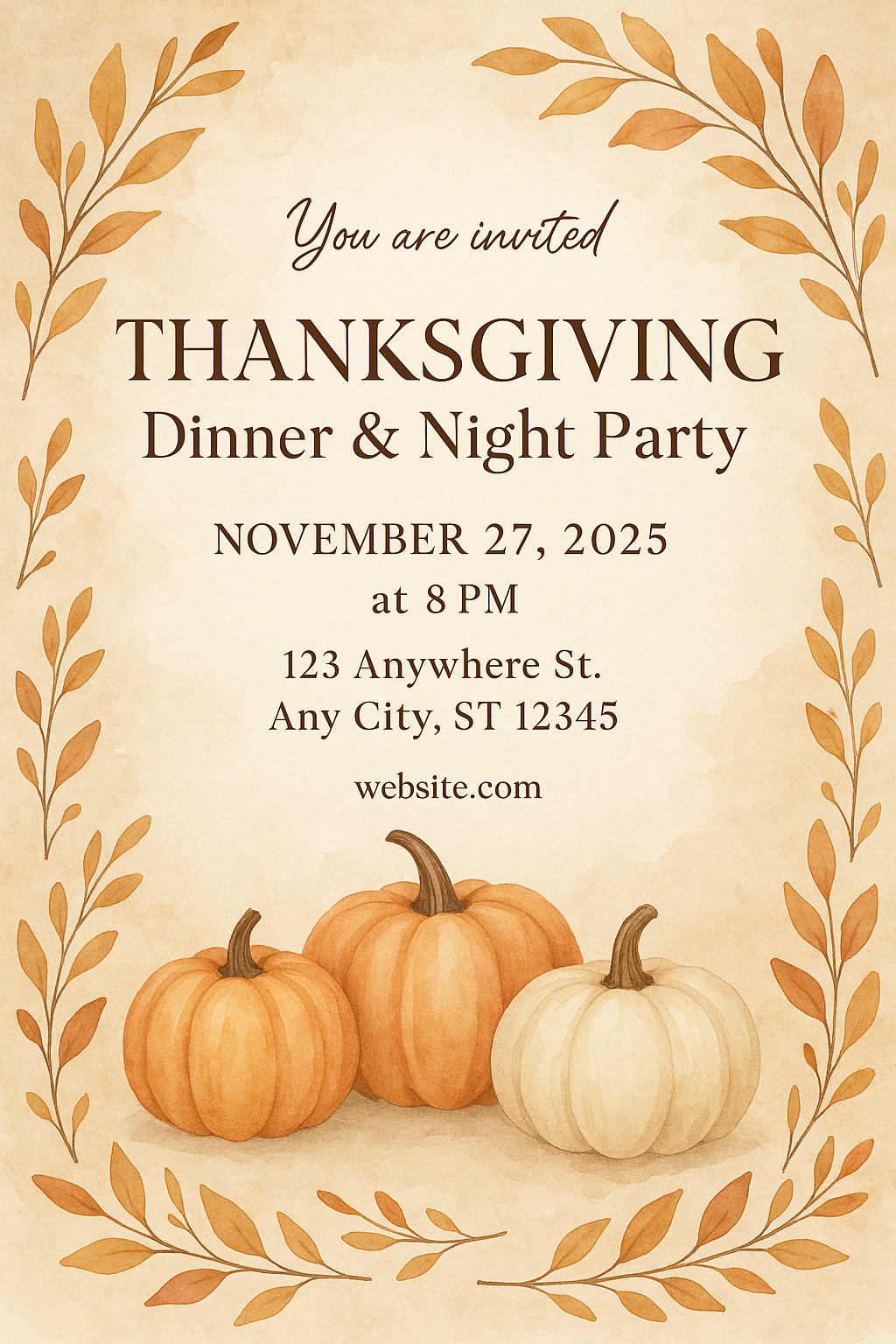 Thanksgiving Dinner & Night Party Invitation – beige watercolor background with pumpkins, autumn leaves, and elegant typography