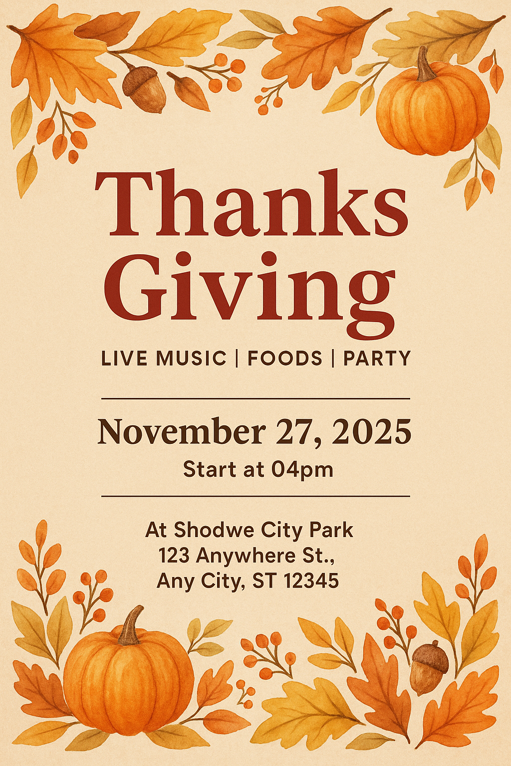 Vertical watercolor Thanksgiving flyer with leaves, pumpkins, and elegant typography