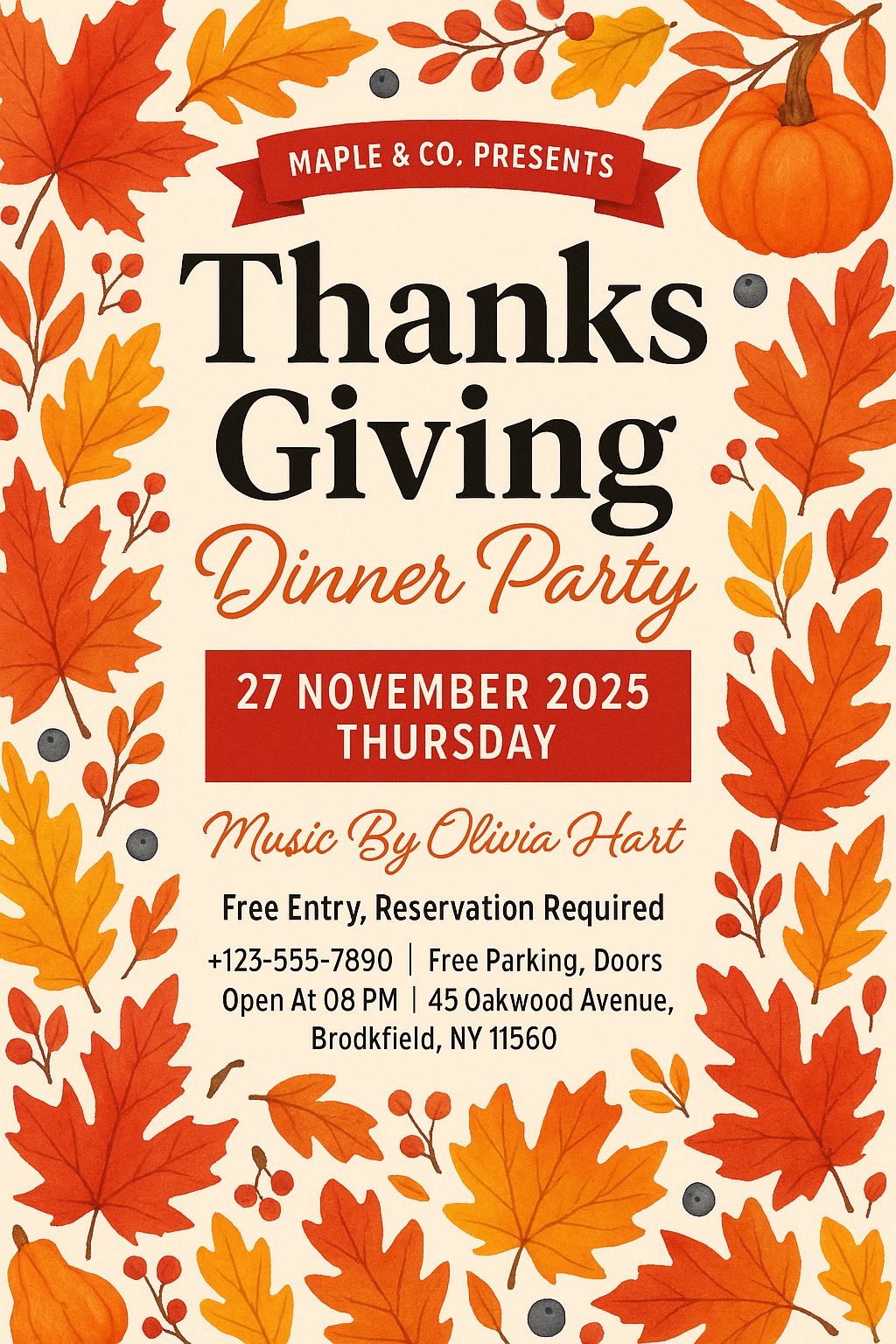 Thanksgiving Dinner Party flyer with autumn leaf border and festive typography