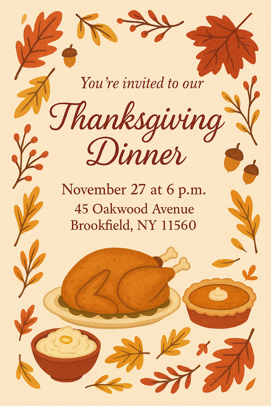 Hand-drawn Thanksgiving dinner invitation flyer with turkey, pie, and autumn leaves
