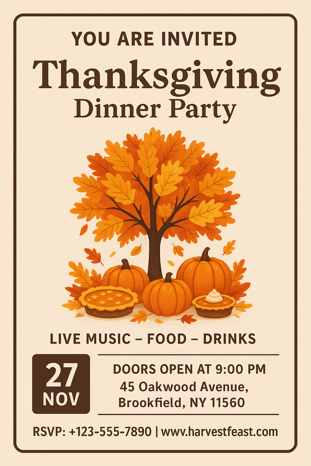 Thanksgiving dinner party flyer with autumn tree and pumpkins illustration
