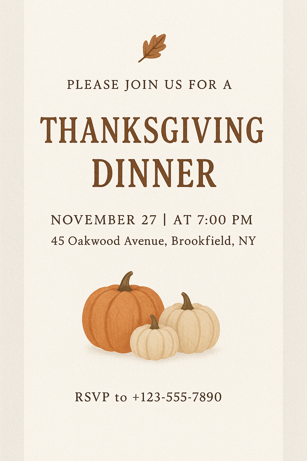 Minimalist Thanksgiving dinner invitation flyer with hand-drawn pumpkins and rustic text