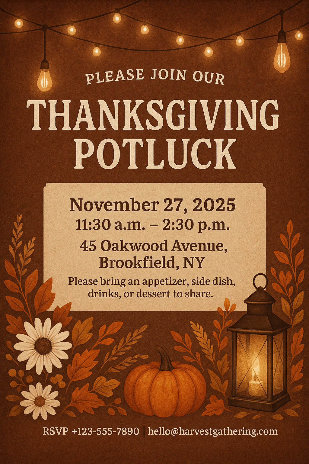 Rustic Thanksgiving potluck flyer with string lights and floral decorations