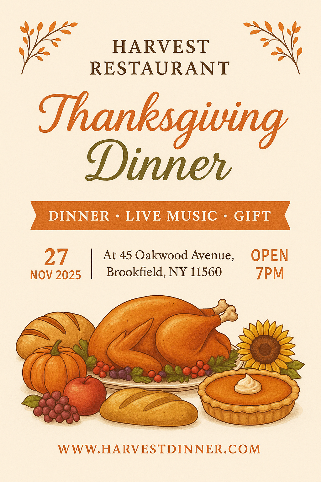 Festive Thanksgiving dinner flyer with feast illustration and warm autumn decorations